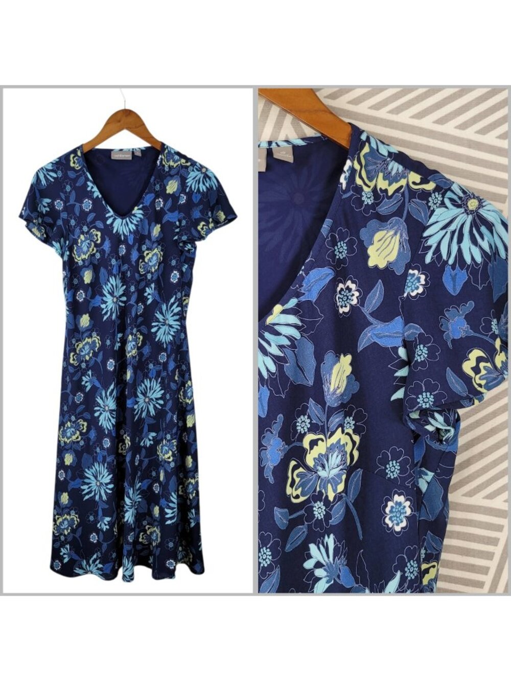 Croft Barrow Shirt Dress 10 Floral Lightweight Layered Chiffon Blue Long Midi
